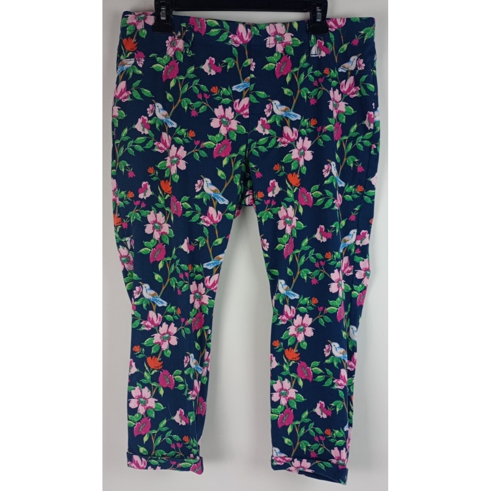 Time & True Women's Size 16-18 Navy Pink Floral Birds Stretch Denim Capri Jeans
